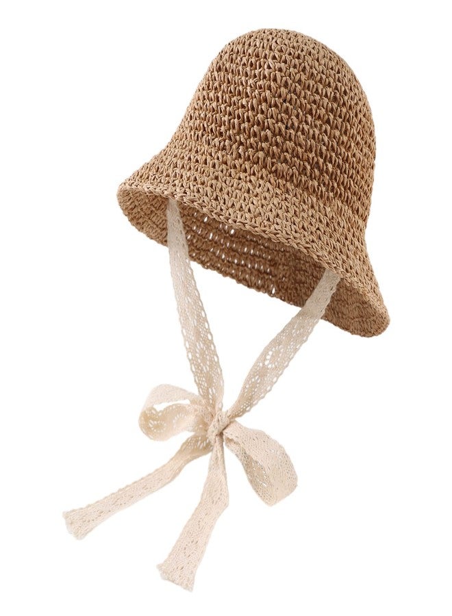 JANGANNSA Baby Girl Straw Hat Outdoor Baby Sun Protection Hats Summer Bowknot Beach Cap for Infant Toddler Girls(Lace Tie-Khaki,6-24 Months) - Image 1